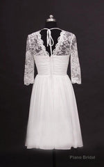 2025 A Line Cheap V Neck Long Sleeves Chiffon Knee Length Short Lace Wedding Dresses