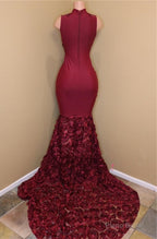 2025 New Arrival Mermaid Burgundy High Neck Rose Ruffles Sleeveless Long African American Prom Dress