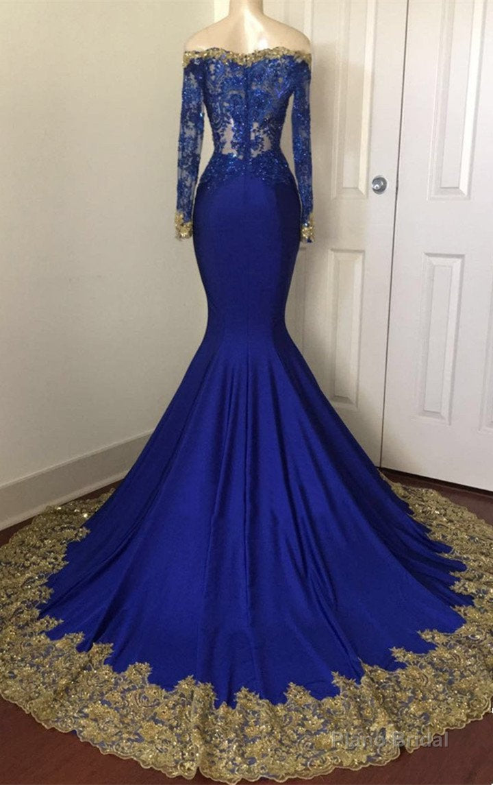 2025 Sexy Mermaid Royal Blue And Gold Appliques Long Sleeves V Neck Off Shoulder Prom Dress Secondary image