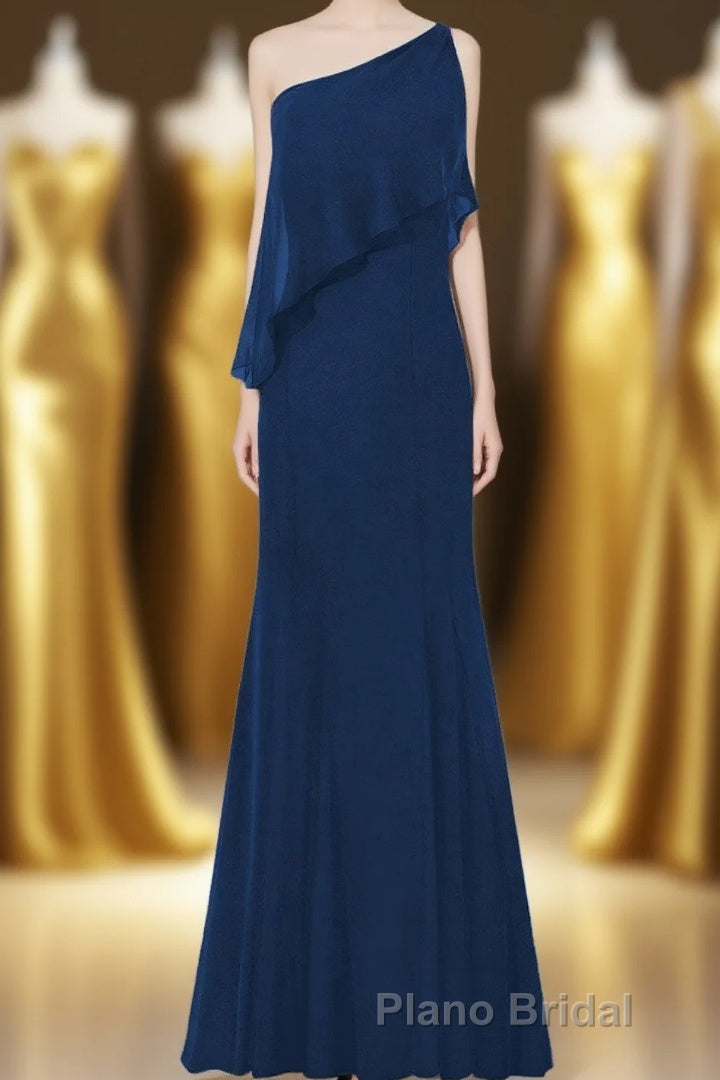 One Shoulder Navy Blue Flounce Mermaid Long Bridesmaid Dresses Main image