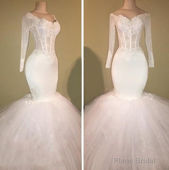 Long Sleeve White Off Shoulder Mermaid Droped Tulle Applique Wedding Dresses Main image