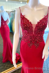 Straps Green Appliques Mermaid Long Prom Dresses