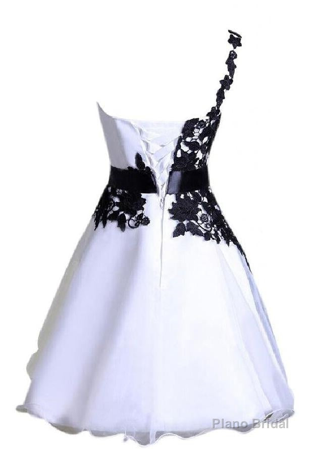 A Line One Shoulder Lace Up White Satin Appliques Flowers Homecoming Dresses Secondary image