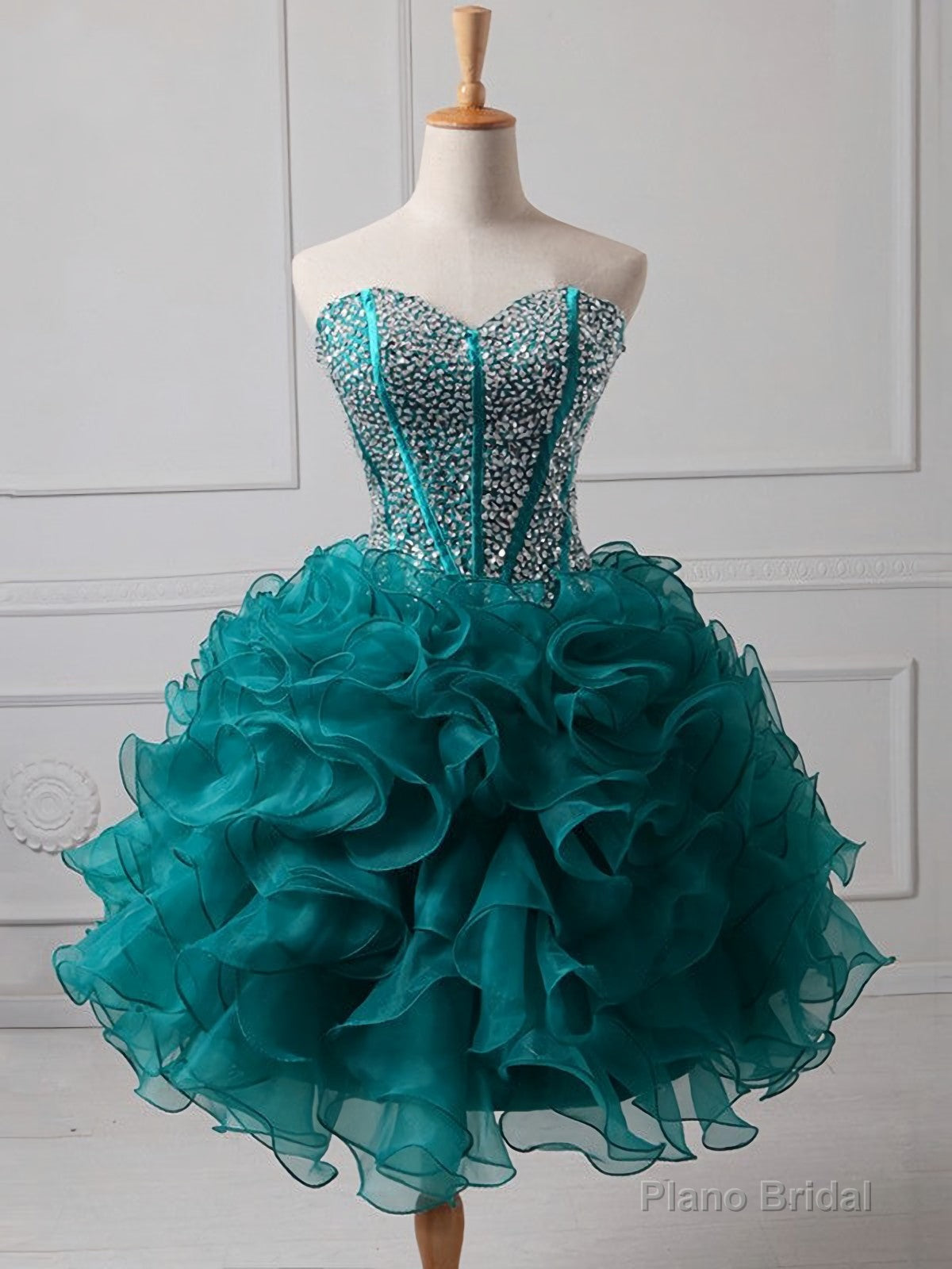 Ruffles Strapless Sweetheart Backless Rhinestone Organza Teal Homecoming Dresses Main image