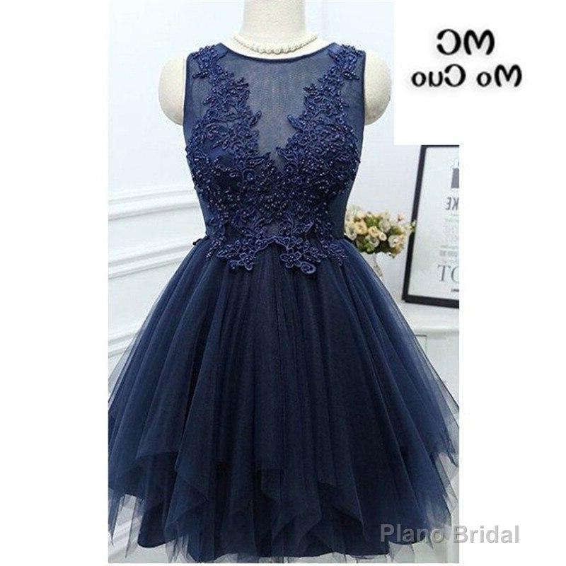 Jewel Sleeveless Appliques Beading A Line Tulle Sheer Pleated Dark Navy Homecoming Dresses