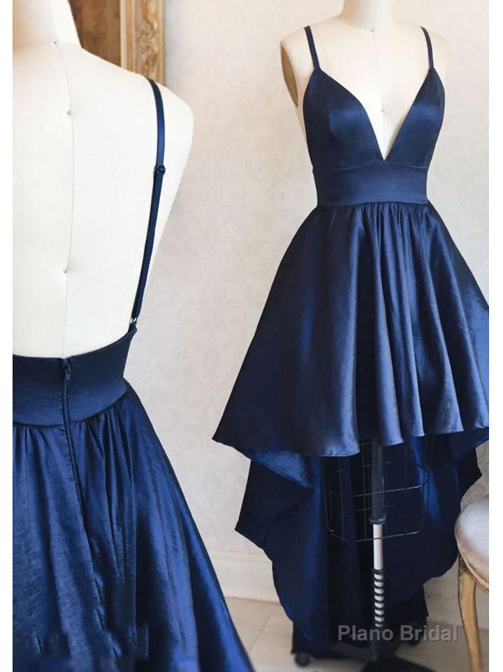 High Low Navy Blue Deep V Neck Spaghetti Straps Backless A Line Satin Homecoming Dresses Main image