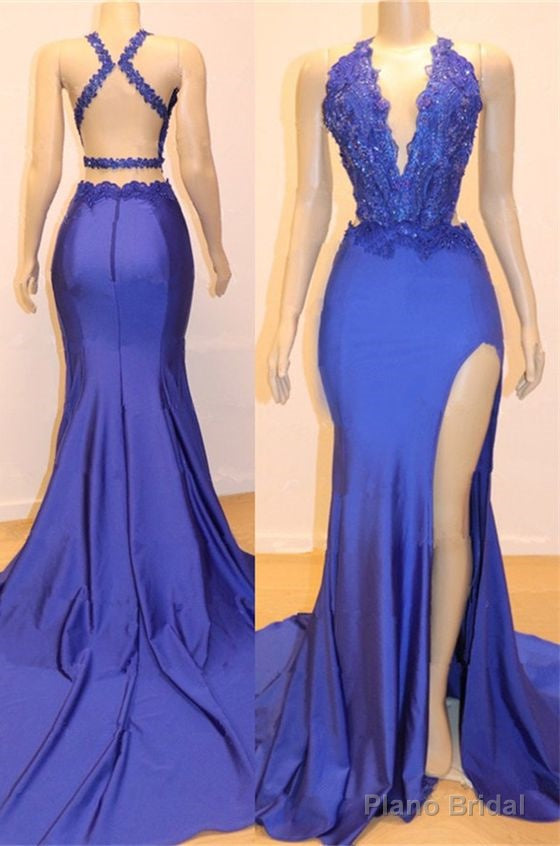 Amazing Sheath Side Slit Royal Blue V Neck Backless Lace Prom Dresses 2025 Main image