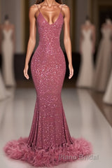 2023 Charming Mermaid Hot Pink Sequence With Feathers Halter Backless Formal Prom Dresses
