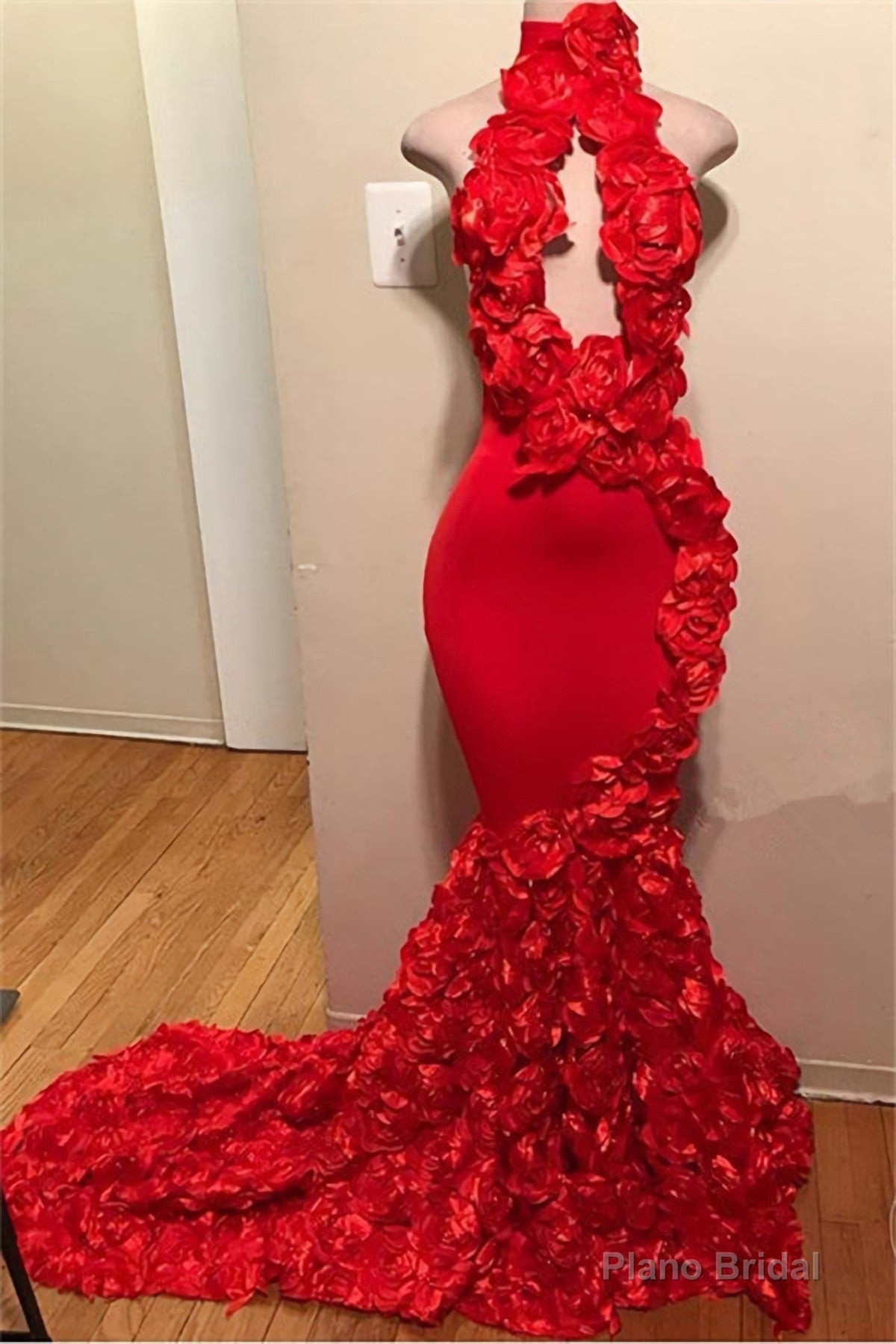 Red Mermaid High Neck Rose Open Front Backless 2025 Prom Dresses