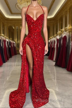 Halter Burgundy High Split Floor Length Formal Prom Dresses