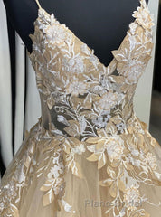 Champagne V Neck Tulle Lace Long Formal Prom Dresses Evening Dresses