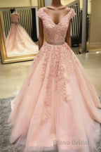 Pink Sleeveless V Neck Tulle Lace Applique Long Formal Prom Dresses