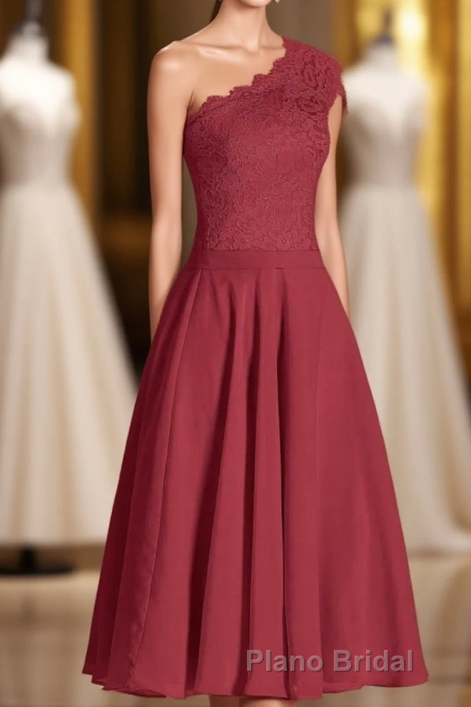 One-Shoulder Burgundy Lace A-Line Short Bridesmaid Dresses Main image