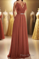 Rust Orange Chiffon Cold-Shoulder Long Bridesmaid Dresses