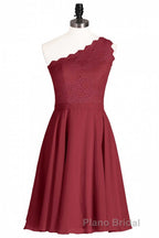 One-Shoulder Burgundy Lace A-Line Short Bridesmaid Dresses