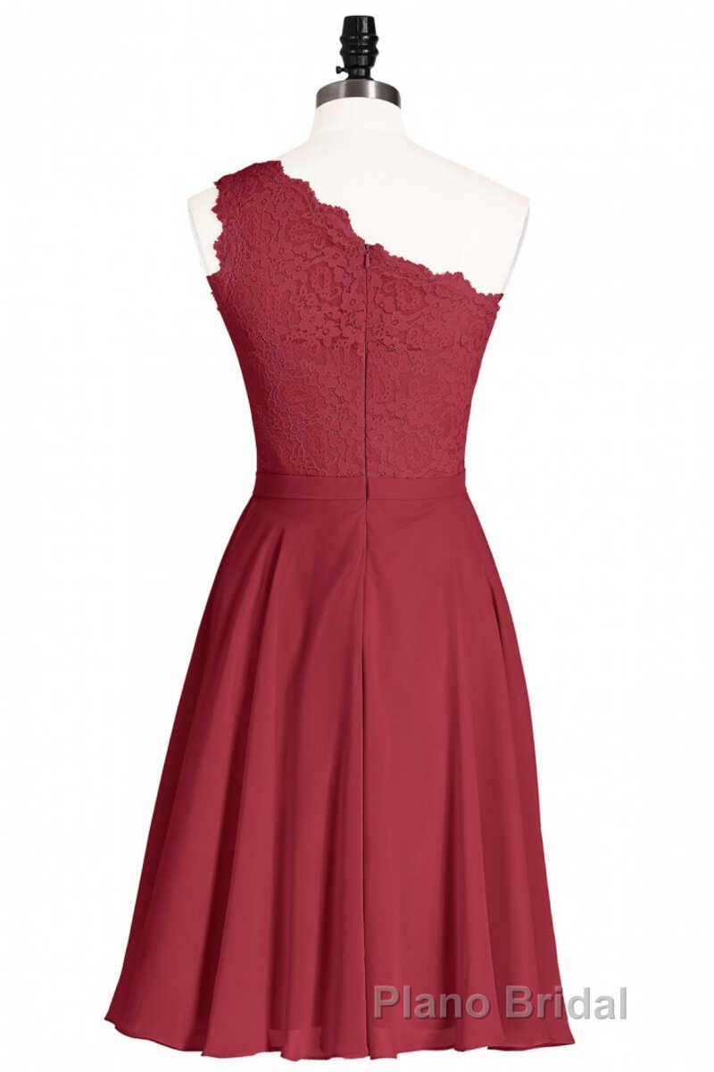 One-Shoulder Burgundy Lace A-Line Short Bridesmaid Dresses Secondary image