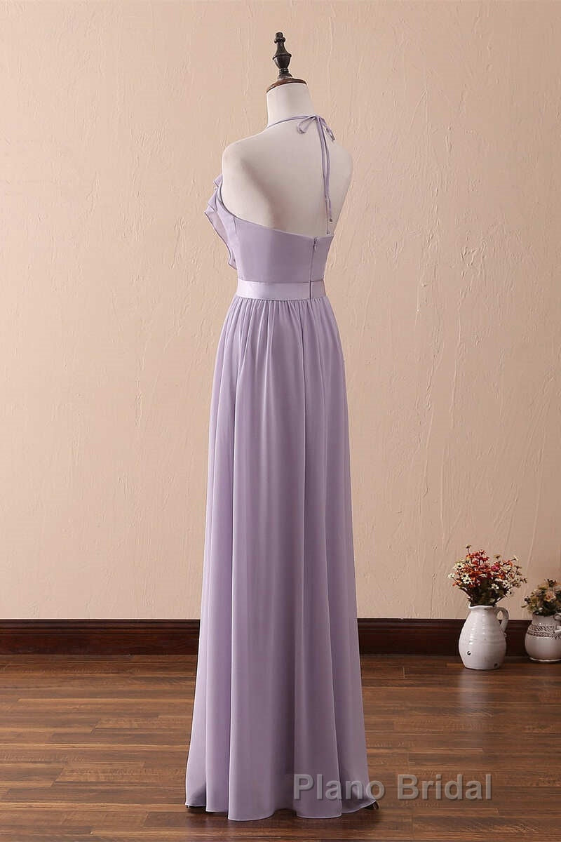 Lilac Halter Open Back Ruffled Long Bridesmaid Dresses