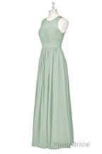 Sage Green Chiffon Sheer Neck A-Line Long Bridesmaid Dresses