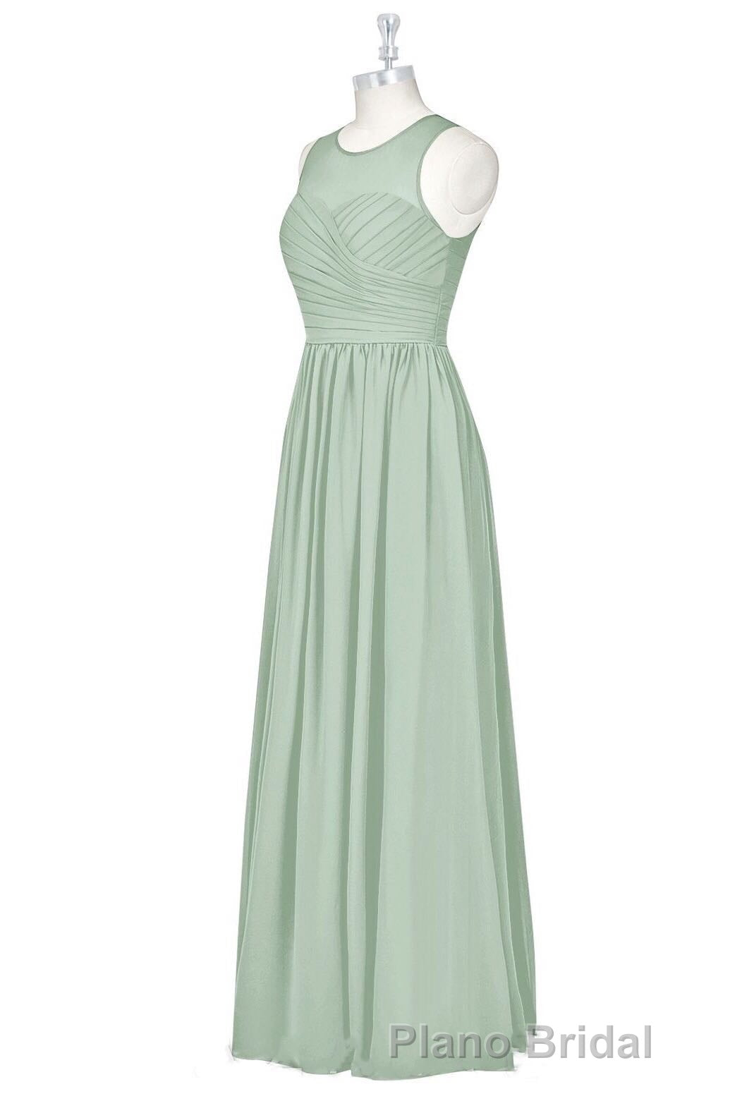 Sage Green Chiffon Sheer Neck A-Line Long Bridesmaid Dresses