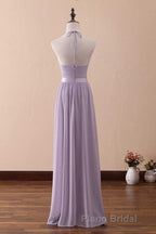 Lilac Halter Open Back Ruffled Long Bridesmaid Dresses
