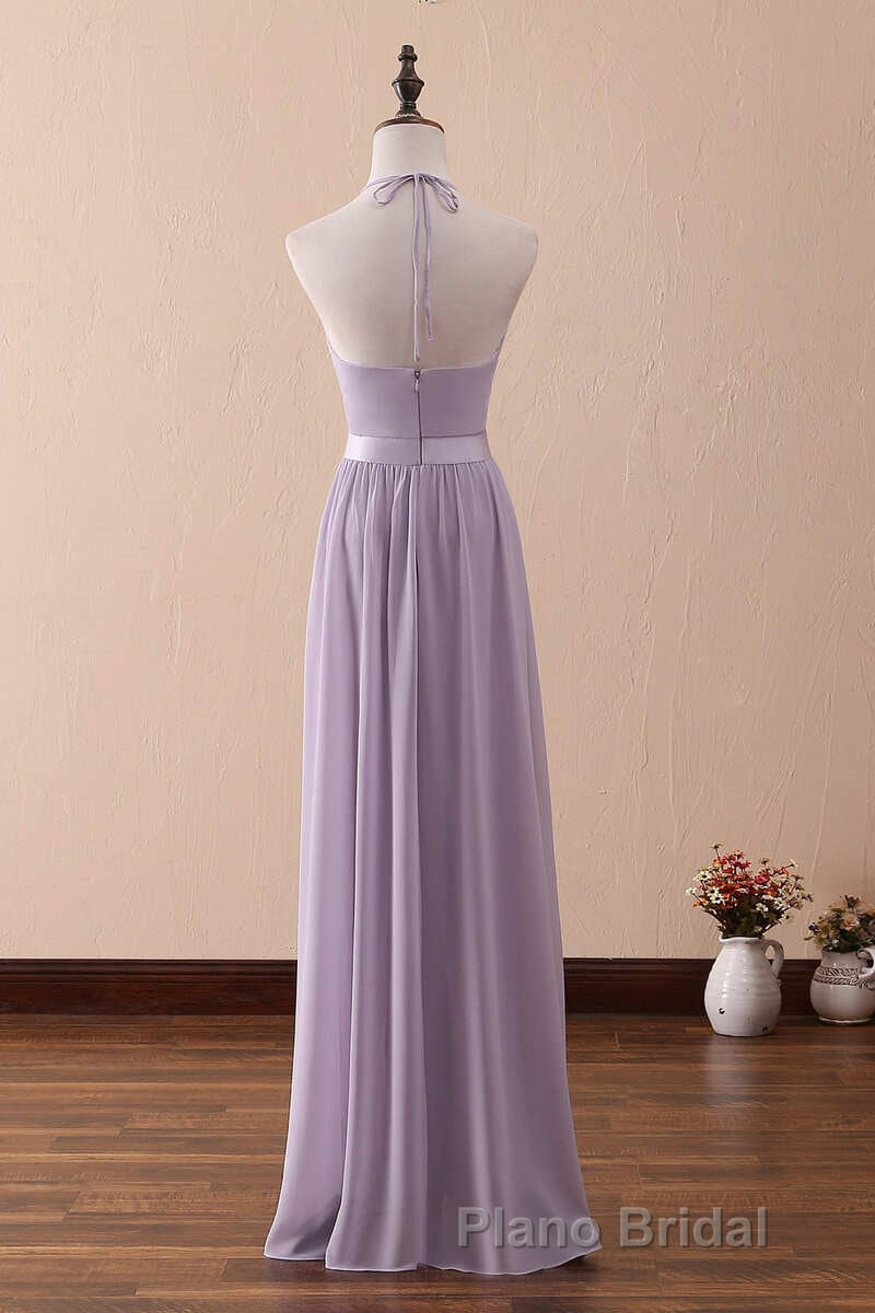 Lilac Halter Open Back Ruffled Long Bridesmaid Dresses