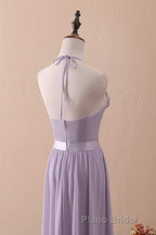 Lilac Halter Open Back Ruffled Long Bridesmaid Dresses