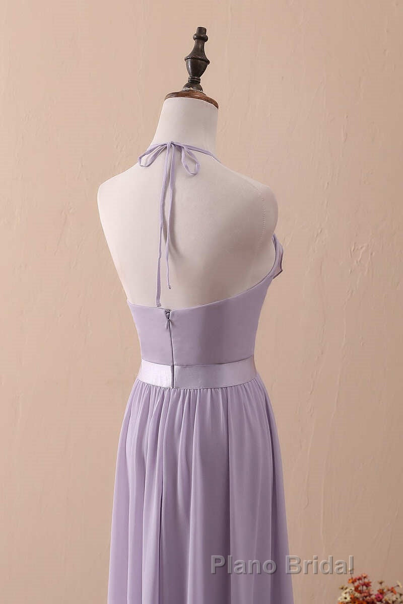 Lilac Halter Open Back Ruffled Long Bridesmaid Dresses