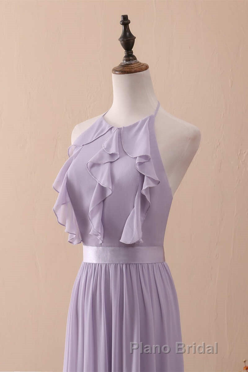 Lilac Halter Open Back Ruffled Long Bridesmaid Dresses