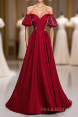 Simple Sweetheart Burgundy Satin Long Formal Prom Dresses, Burgundy Evening Dresses