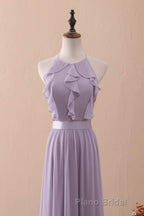 Lilac Halter Open Back Ruffled Long Bridesmaid Dresses