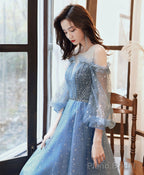 Blue Round Neck Tulle Sequin Long Prom Dress Tulle Evening Dress
