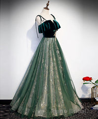 Green Tulle Lace Long Formal Prom Dresses, Green Tulle Lace Prom Dresses, 1