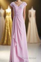 Short Sleeves Pink Appliques Knot Long Bridesmaid Dresses