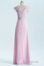 Short Sleeves Pink Appliques Knot Long Bridesmaid Dresses