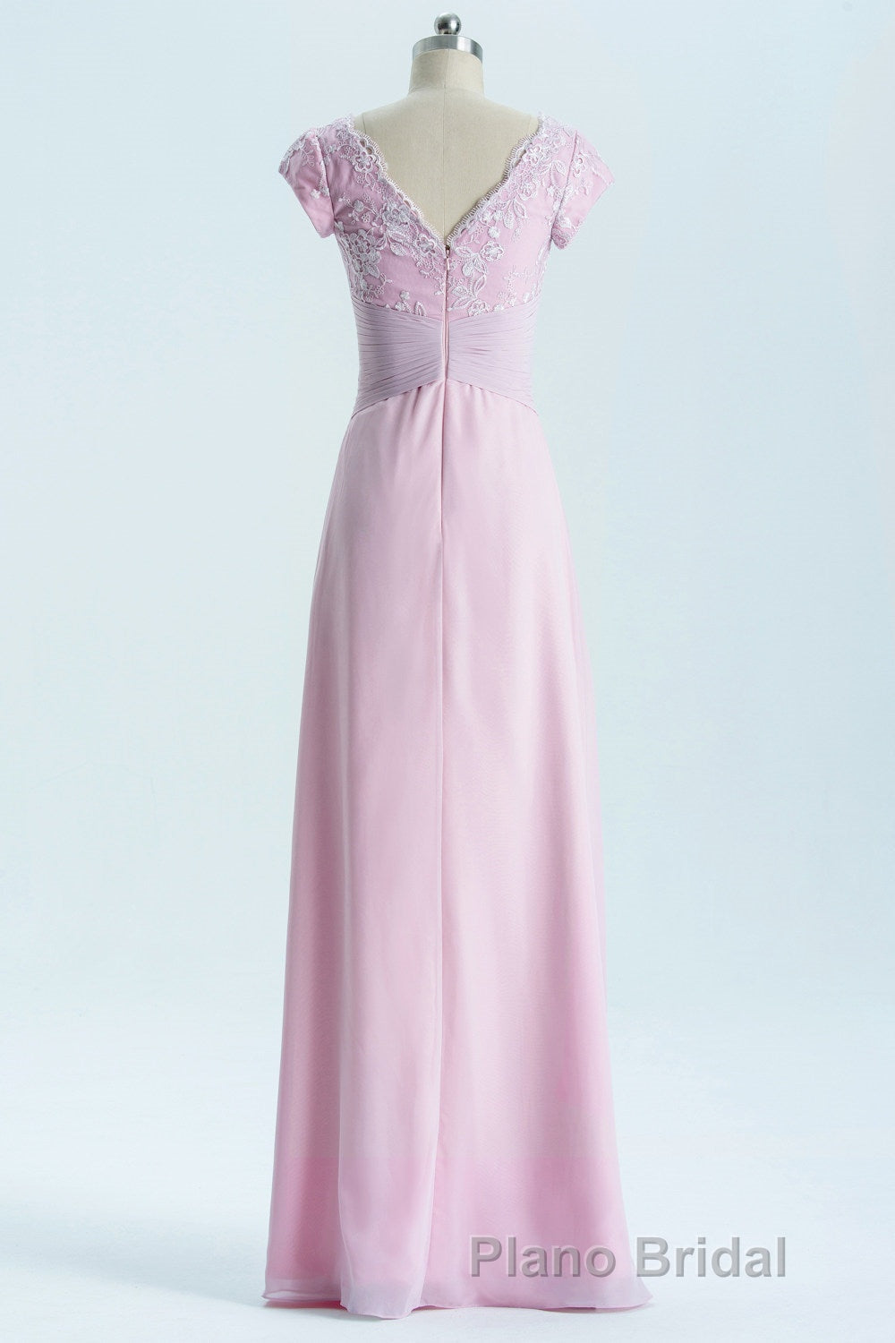 Short Sleeves Pink Appliques Knot Long Bridesmaid Dresses