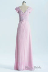 Short Sleeves Pink Appliques Knot Long Bridesmaid Dresses