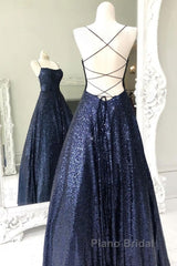 Long Navy Blue Sequin Formal Prom Dresses