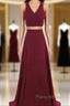 Two Piece Formal Prom Dresses A-Line Floor-length Burgundy Chiffon Formal Prom Dresses