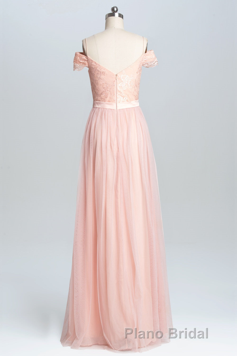 Off the Shoulder Pink Lace and Tulle Long Bridesmaid Dresses Secondary image