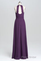 Purple Halter A-line Pleated Long Bridesmaid Dresses