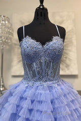 Periwinkle Lace Sweetheart Tiered Long Formal Prom Dresses with Ruffles