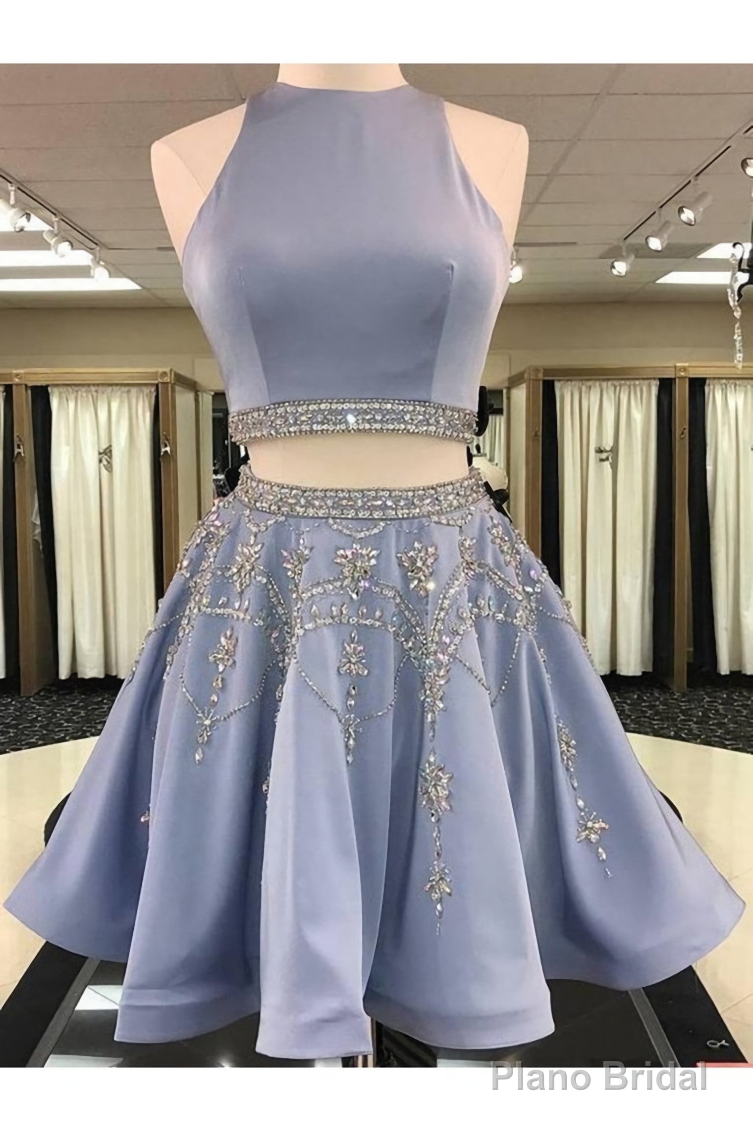 A Line 2 Pieces Beaded Satin Short Homecoming Dresses, Scoop Main image