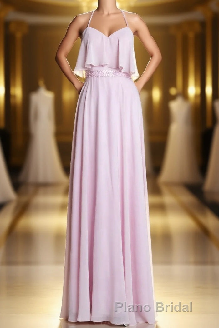 Pink Straps Flounce Chiffon A-line Long Bridesmaid Dresses Main image