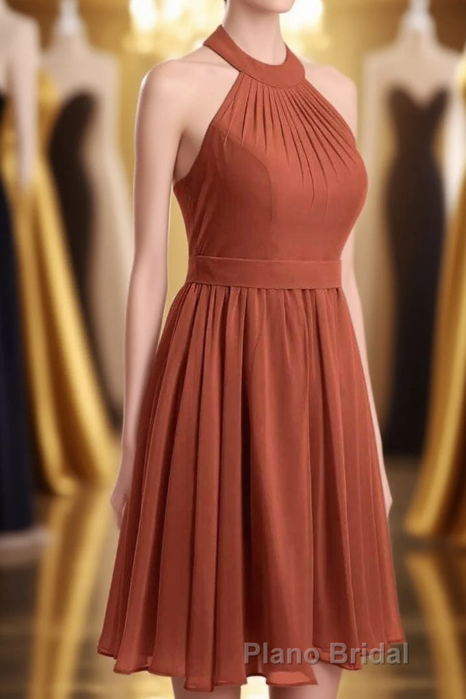 Rust Orange Chiffon Halter Backless A-Line Short Bridesmaid Dresses Main image