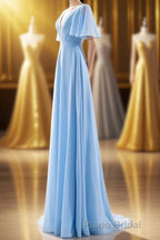 Flutter Sleeves Blue Chiffon A-line Long Bridesmaid Dresses