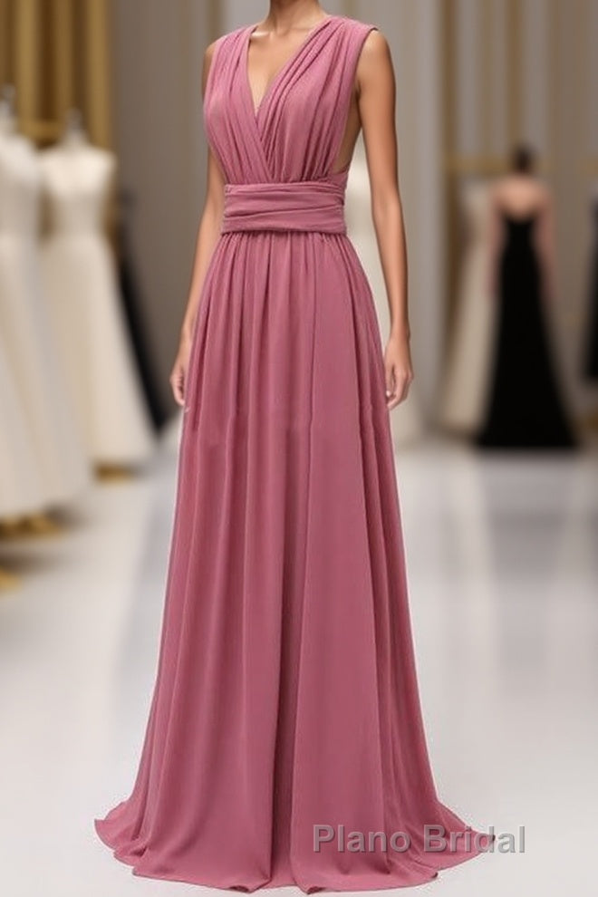 Dusty Rose Chiffon Wrap A-Line Long Bridesmaid Dresses