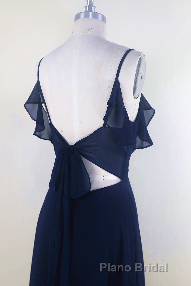 Navy Blue Chiffon Cold-Shoulder A-Line Long Bridesmaid Dresses