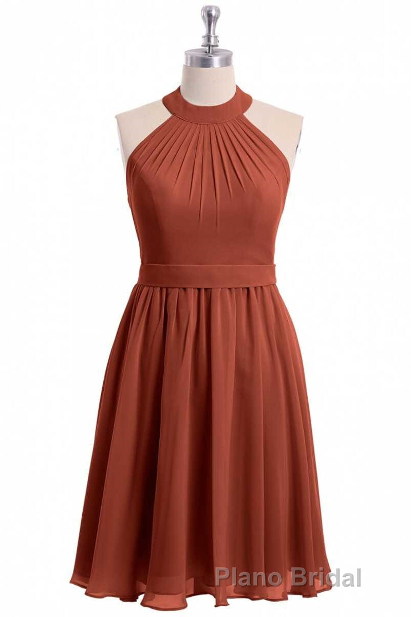 Rust Orange Chiffon Halter Backless A-Line Short Bridesmaid Dresses