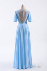 Flutter Sleeves Blue Chiffon A-line Long Bridesmaid Dresses