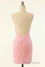 Pink Sequin One-Shoulder Backless Short Prom Dresses